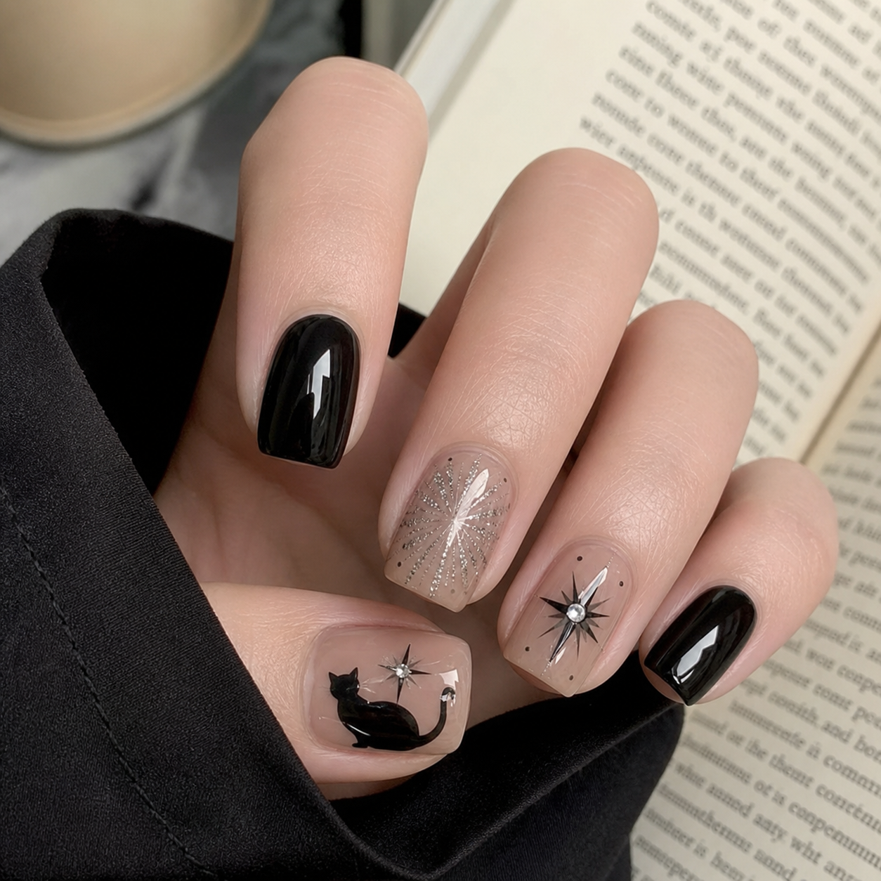 Glossy Black And Sheer Nude Square Nail Design